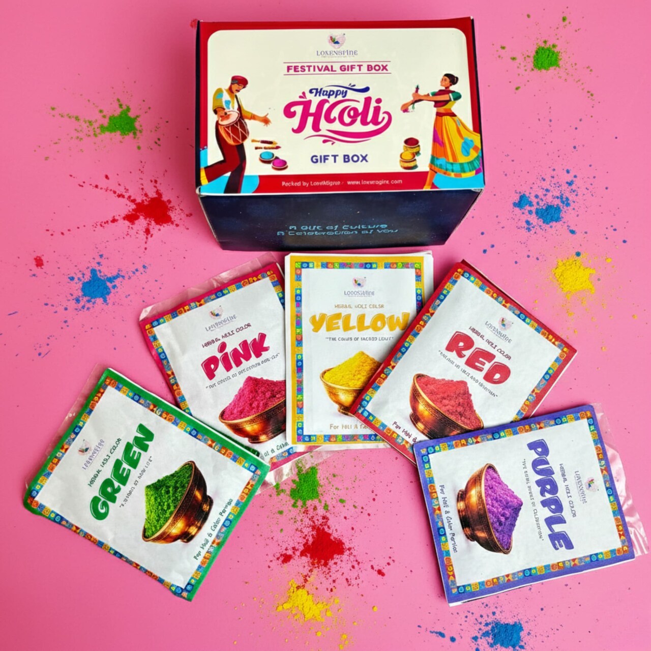 Holi Colored Powder Pack (Red, Yellow, Green, Pink, Purple) | 75 Grams Each, Colors for Party & Festival Celebration